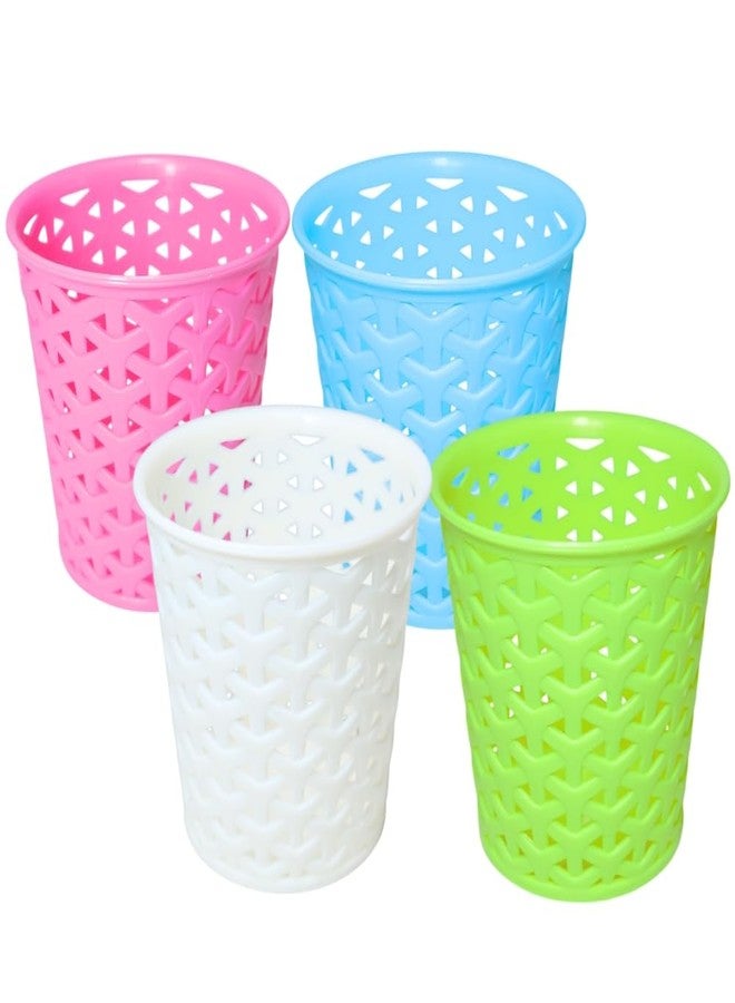 MORVI Linea Small Round Plastic Multipurpose Organizer For Kitchen, Bathroom, Salon, Office|Stationery,Cutlery,Pen,Makeup Brushes Holder|Hanging Toothbrush Stand |Pack Of 4 | PINK BLUE WHITE GREEN - Image 1