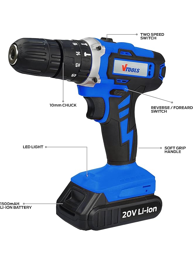 VTOOLS 20V Cordless Impact Drill With 2 Batteries And 1 Fast Charger 2 Variable Speed 10Mm Keyless Chuck 18+1 Torque Setting Bmc Case Vt1211 - Image 2