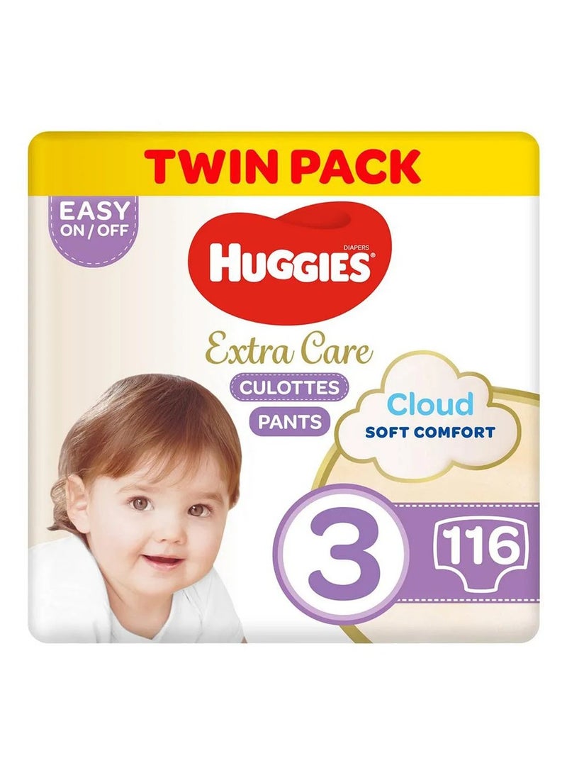 HUGGIES Huggies Extra Care Culottes Pant Style Diapers, Twin Pack, Dry Touch, Double Leak Guards, Size 3 - 116 Pieces - Image 1