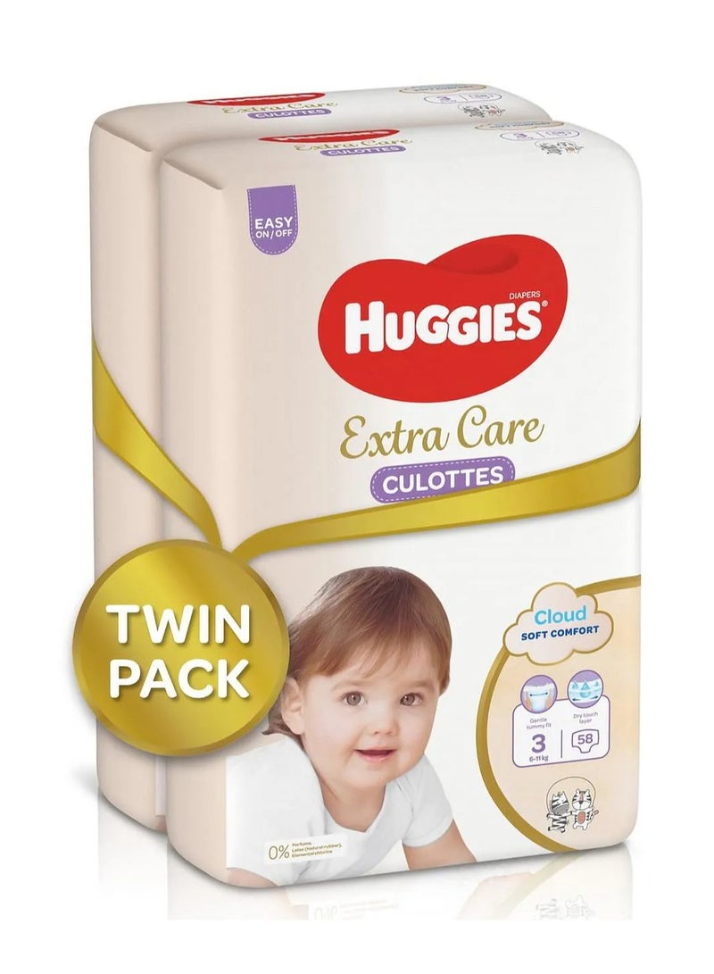 HUGGIES Huggies Extra Care Culottes Pant Style Diapers, Twin Pack, Dry Touch, Double Leak Guards, Size 3 - 116 Pieces - Image 2