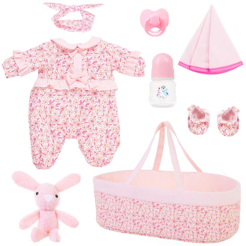 18INDC 8 Pcs Baby Doll Clothes Accessories Set with Bassinet for 17 22 Reborn Dolls - Image 2