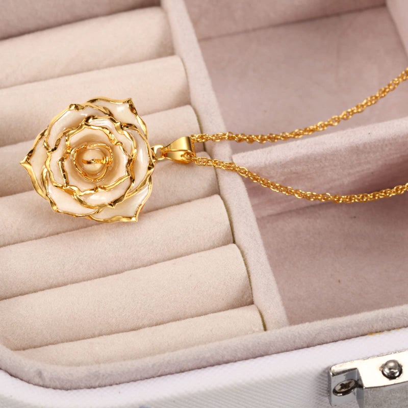AliveRose Gold-Plated Necklace Gifts for Women, 24K Gold-Plated Real Rose Pendant Necklace Mothers Day Anniversaries Birthday Christmas Valentine's Day Gifts for Her (Ivory) - Image 2