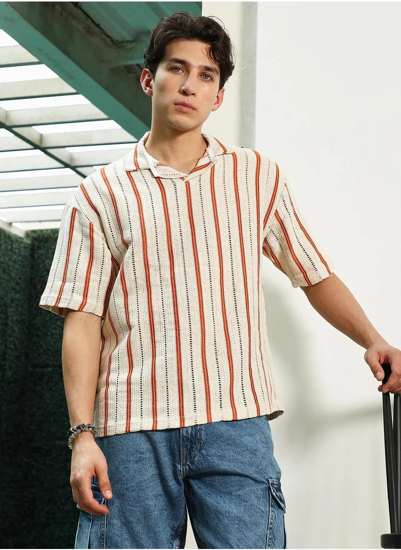 كامبوس سوترا Men's Striped Cuban Collar Cotton T-Shirt - Cream & Orange