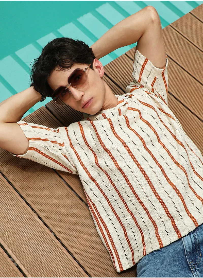 كامبوس سوترا Men's Striped Cuban Collar Cotton T-Shirt - Cream & Orange