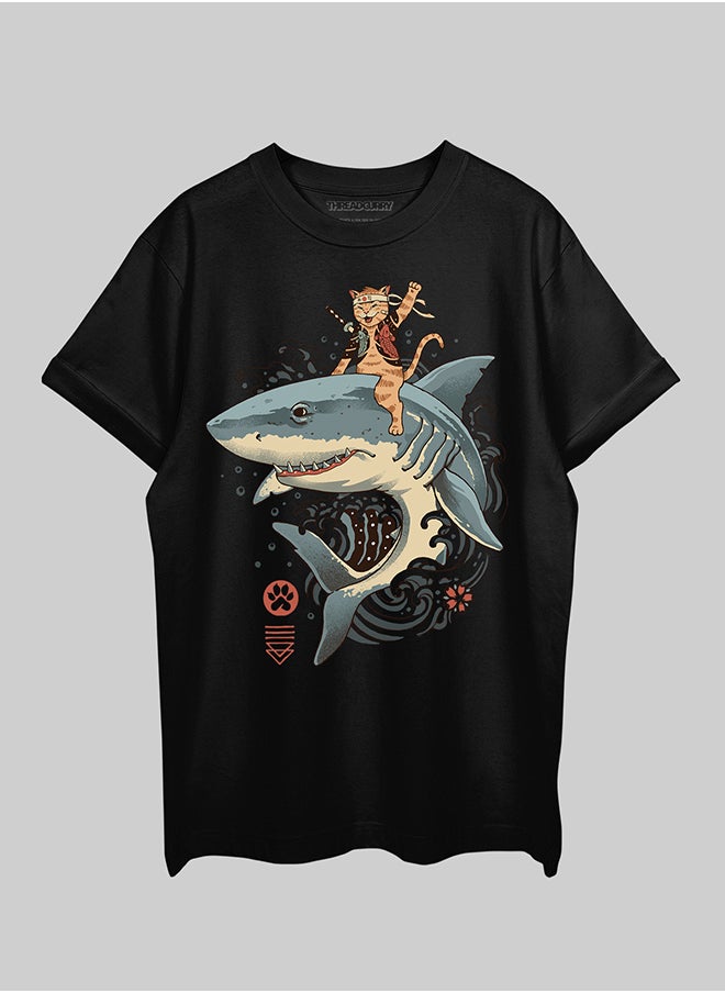 THREADCURRY THREADCURRY Ninja Cat Oversized Drop Shoulder Cotton Loose Printed T-Shirt for Men  - Image 1