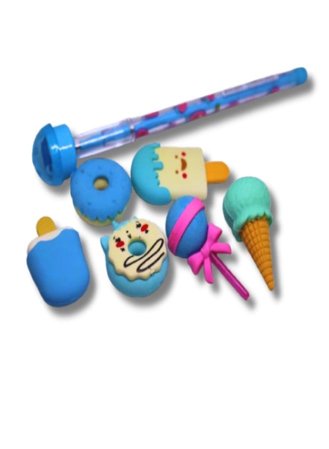 KRAVORAH Blue-Themed Stationery Gift Set - 7 Fun Items: Ice Cream Erasers, Stamp Pencil, Lollipop Eraser & More - Kids stationery, Gifting & Creative Desks - Image 1