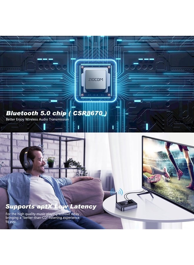 ZIOCOM - Bluetooth Transmitter for TV, Bluetooth 5.0 Audio Transmitter, 30M Long Range, aptX Low Latency, Dual Connection, Wireless Audio Adapter for TV, PC, CD Player - Image 1