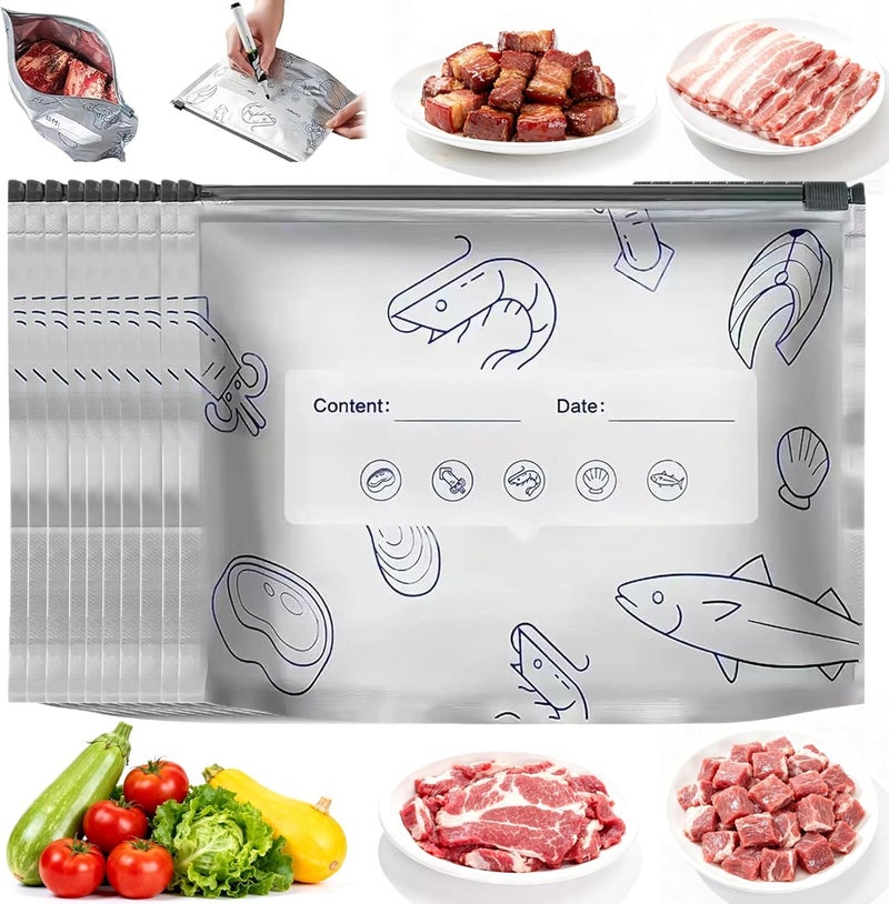 GLOLOOS Reusable Aluminum Foil Sealable Storage Bags,Seafood Meat Self-sealing Freezer Bags,Aluminum foil sealable bags with labels and zippersmade,suitable for kitchen food storage and freezable(20pcs,Large) - Image 1