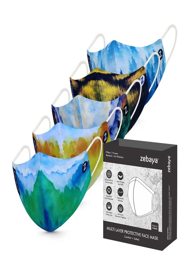 zebaya Digital Printed Fashion Mask for Ladies. Washable & Reusable Cotton Viscose Fabric. 3 Layer of Protection. (Pack of 5 Nos) - Image 1