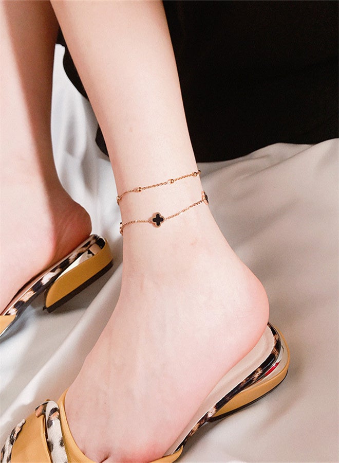 خلخال بناتي بسيط من الفولاذ التيتانيوم بطبقة مزدوجة وأربع أوراق البرسيم لون وردي