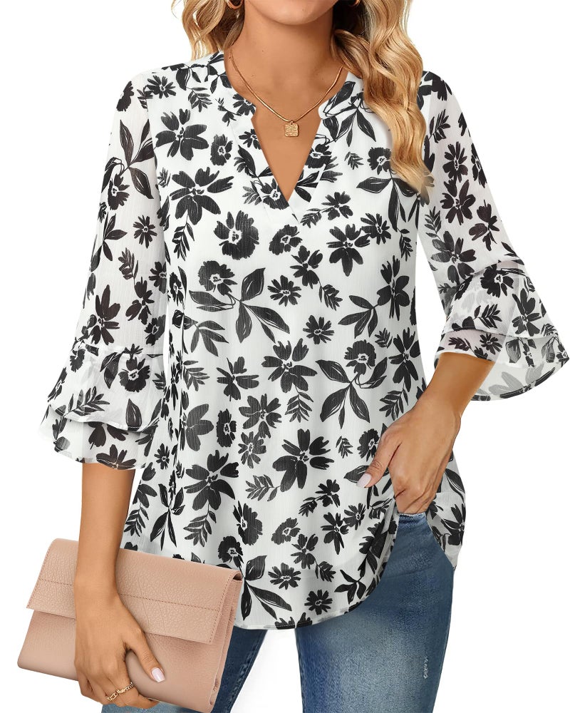 Lotusmile 34 Sleeve Womens Blouses Chiffon Tops for Work Business Casual Office Shirts Elegant Dressy Blouses Career Clothing for Women Floral White L