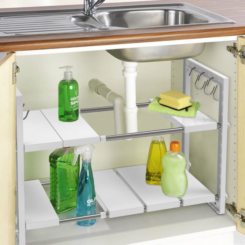 Expandable 2-Tier Under Sink Organizer - Adjustable Kitchen & Bathroom Storage Rack - DIY Shelf with 10 Removable Panels & Stainless Steel Pipes - White