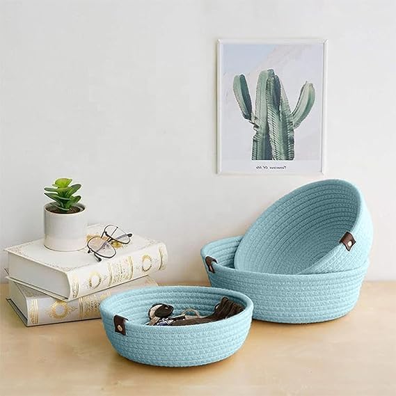 SANWALSA [Set of 3-9",8",7" inch, Round, Blue] Handwoven Jute Cotton Basket | Eco-Friendly Shelf Baskets for Kitchen, Living Room, Office | Ideal for Storage, Organization & Gift Hampers - Image 4