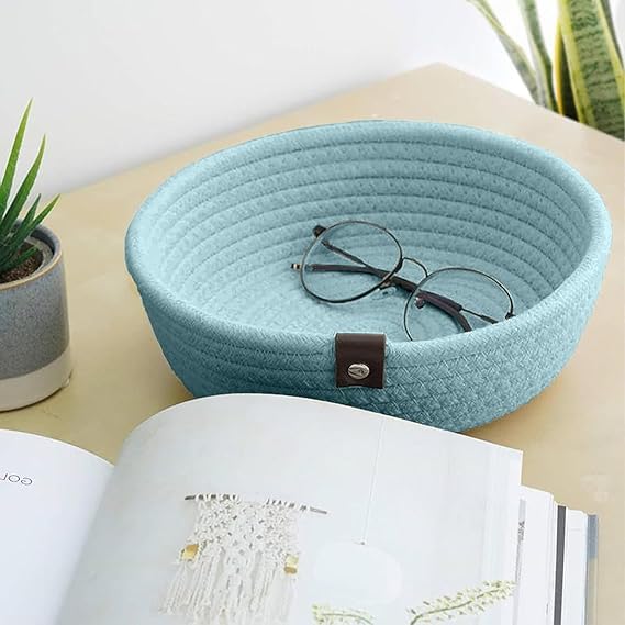 SANWALSA [Set of 3-9",8",7" inch, Round, Blue] Handwoven Jute Cotton Basket | Eco-Friendly Shelf Baskets for Kitchen, Living Room, Office | Ideal for Storage, Organization & Gift Hampers - Image 5