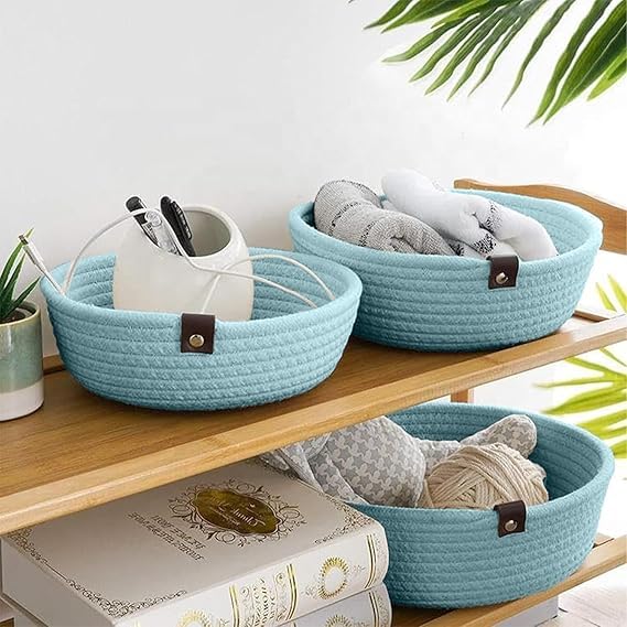 SANWALSA [Set of 3-9",8",7" inch, Round, Blue] Handwoven Jute Cotton Basket | Eco-Friendly Shelf Baskets for Kitchen, Living Room, Office | Ideal for Storage, Organization & Gift Hampers - Image 3
