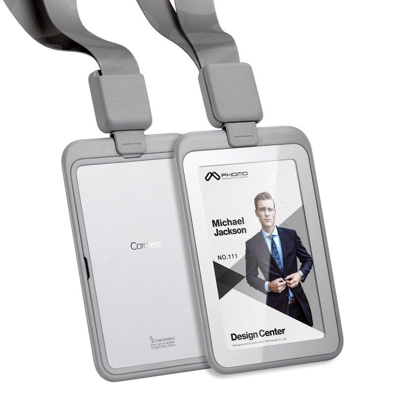 Phomo Self Retractable ID Badge Holders with Carabiner Reel Clip and Badge Lanyard, Heavy-Duty ID Card Holder for Neck, Vertical Style Transparent Hard Accessories Clear, (Holds 1to 2 Cards) (Black) - Image 1