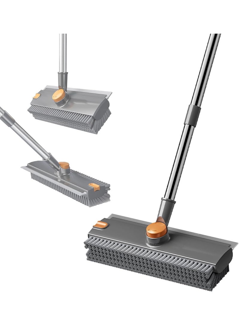 Floor Scrubbing Brush with Squeegee,2 in 1 Grout Brush with 54" Adjustable Long Handle,V-Shape Stiff Brush Bristle,360°Rotation,Bathroom Cleaning Brush for Tile,Deck,Garage,Kitchen,Swimming Pool,Grey - Image 1