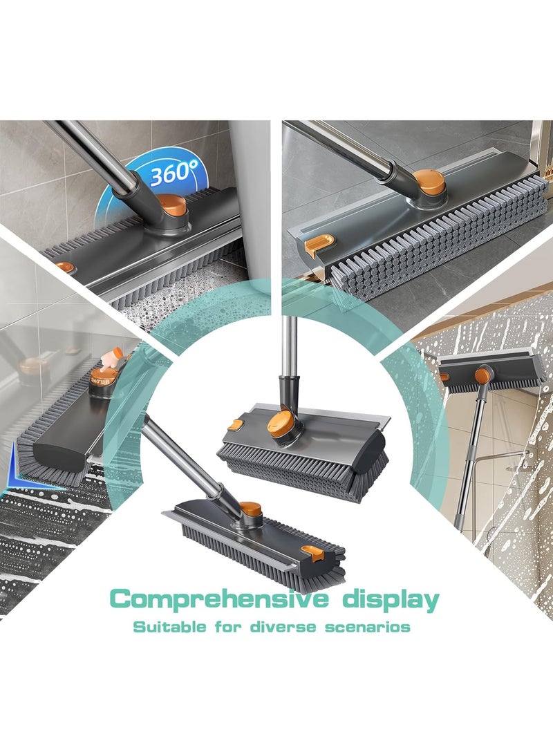 Floor Scrubbing Brush with Squeegee,2 in 1 Grout Brush with 54" Adjustable Long Handle,V-Shape Stiff Brush Bristle,360°Rotation,Bathroom Cleaning Brush for Tile,Deck,Garage,Kitchen,Swimming Pool,Grey - Image 3