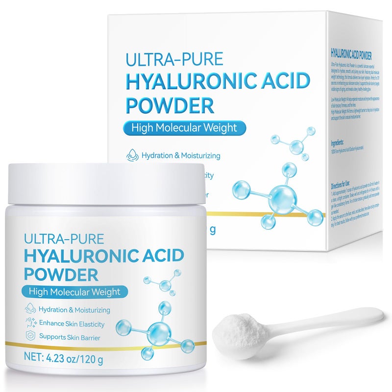 Vortexonix Pure Hyaluronic Acid Serum Powder for Skin & Face, 120G High Molecular Weight Anti Aging Hyaluronic Acid serum, Water Soluble, Fine Powder, Gluten Free, Non-GMO- Includes Scoop - Image 1