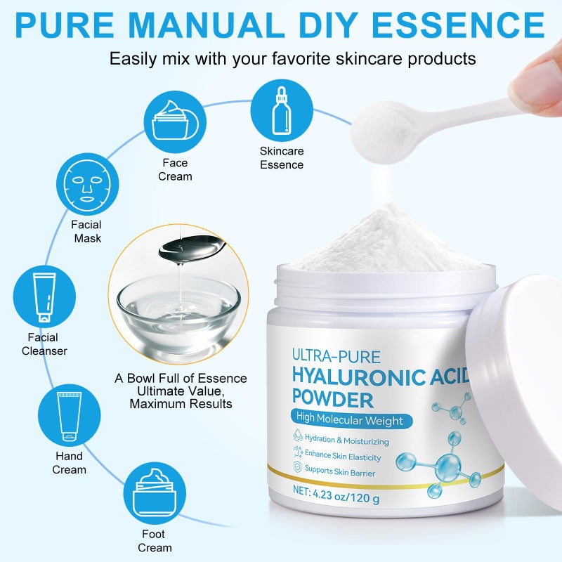 Vortexonix Pure Hyaluronic Acid Serum Powder for Skin & Face, 120G High Molecular Weight Anti Aging Hyaluronic Acid serum, Water Soluble, Fine Powder, Gluten Free, Non-GMO- Includes Scoop - Image 2