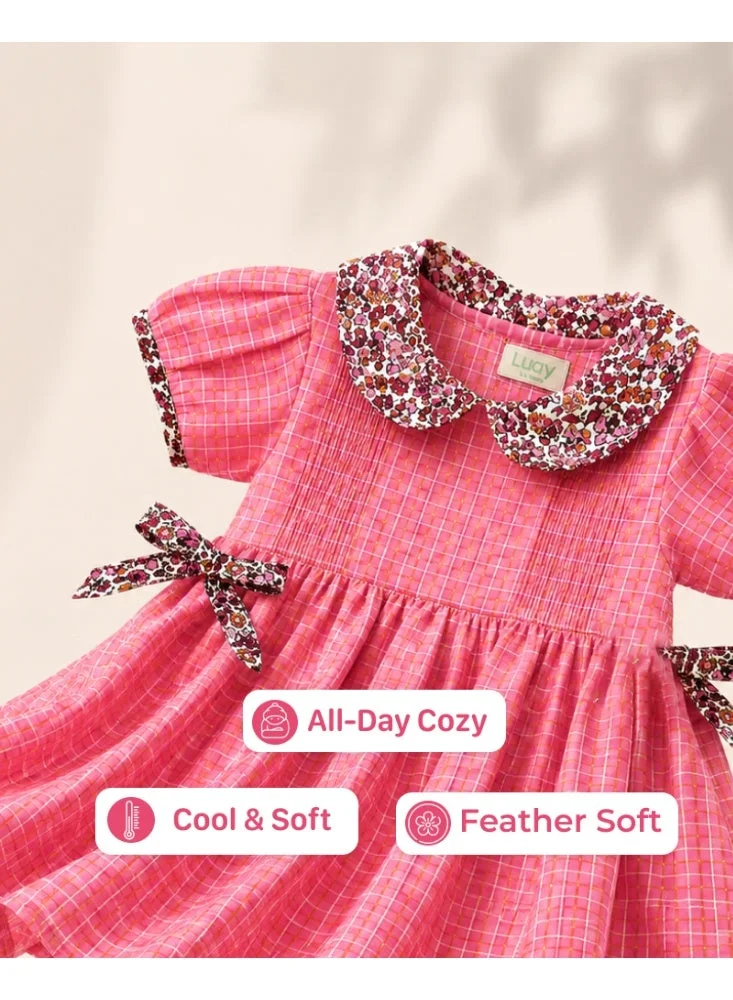 Luay Pink LUAY Girls Cotton Frock | Peter Pan Collar Puff Sleeve Casual Dress | Soft Breathable A-Line Party & Everyday Wear for Girls for Women | Best Price UAE