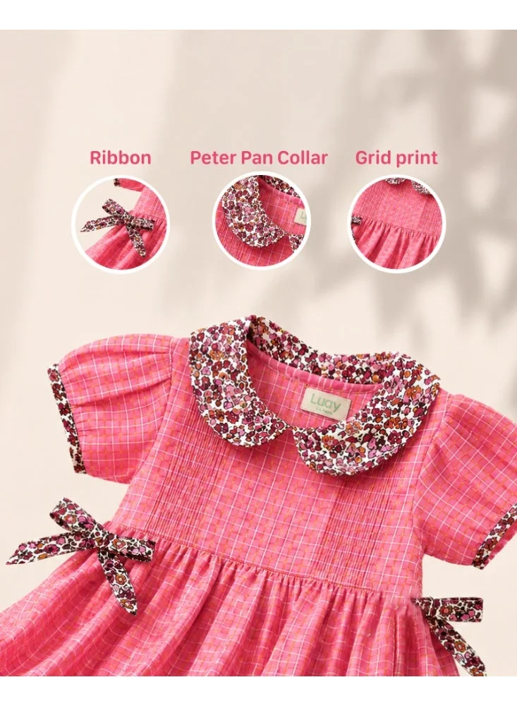 Luay Pink LUAY Girls Cotton Frock | Peter Pan Collar Puff Sleeve Casual Dress | Soft Breathable A-Line Party & Everyday Wear for Girls for Women | Best Price UAE
