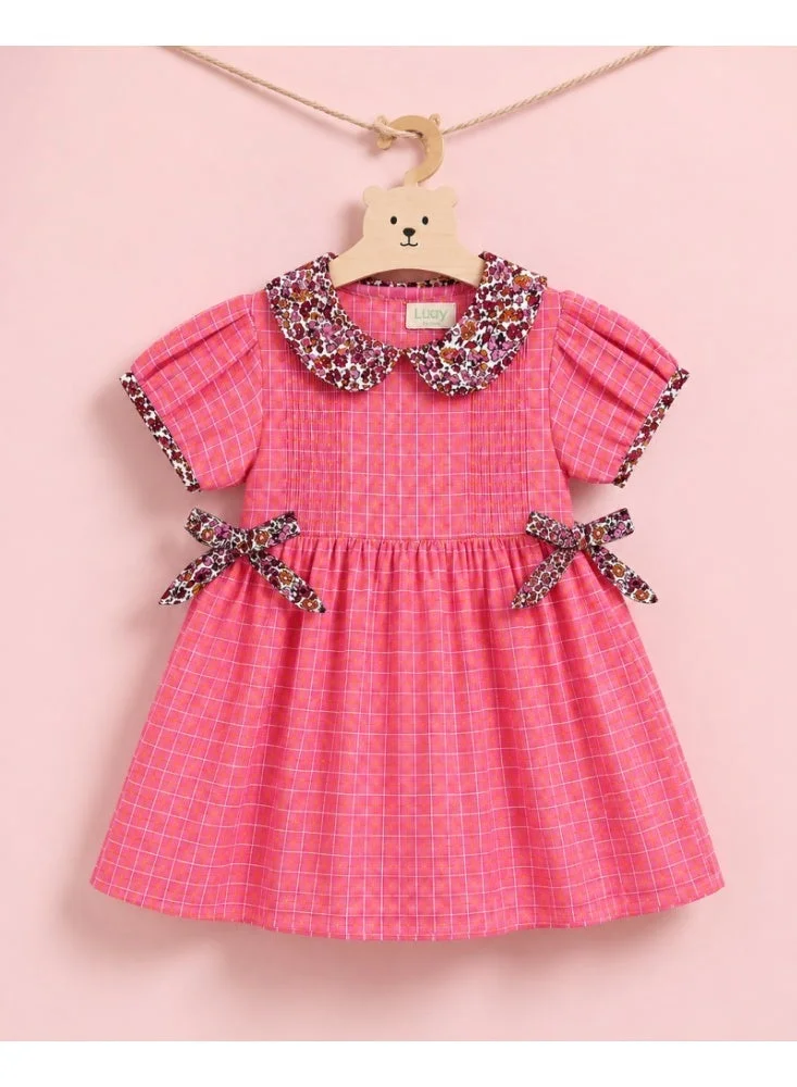 Luay Pink LUAY Girls Cotton Frock | Peter Pan Collar Puff Sleeve Casual Dress | Soft Breathable A-Line Party & Everyday Wear for Girls for Women | Best Price UAE