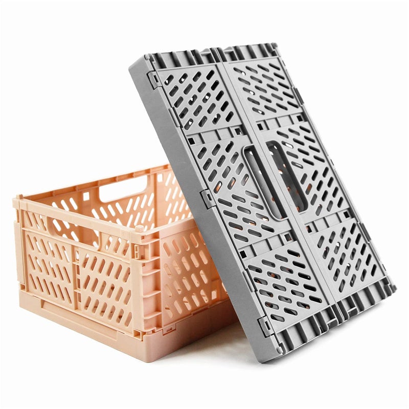 Spesh 2 Pcs Collapsible Crates Storage Boxes Stackable Storage Baskets Plastic Folding Crate Boxes with Handles for KitchenLiving RoomOffice30  20  12cmPinkGrey
