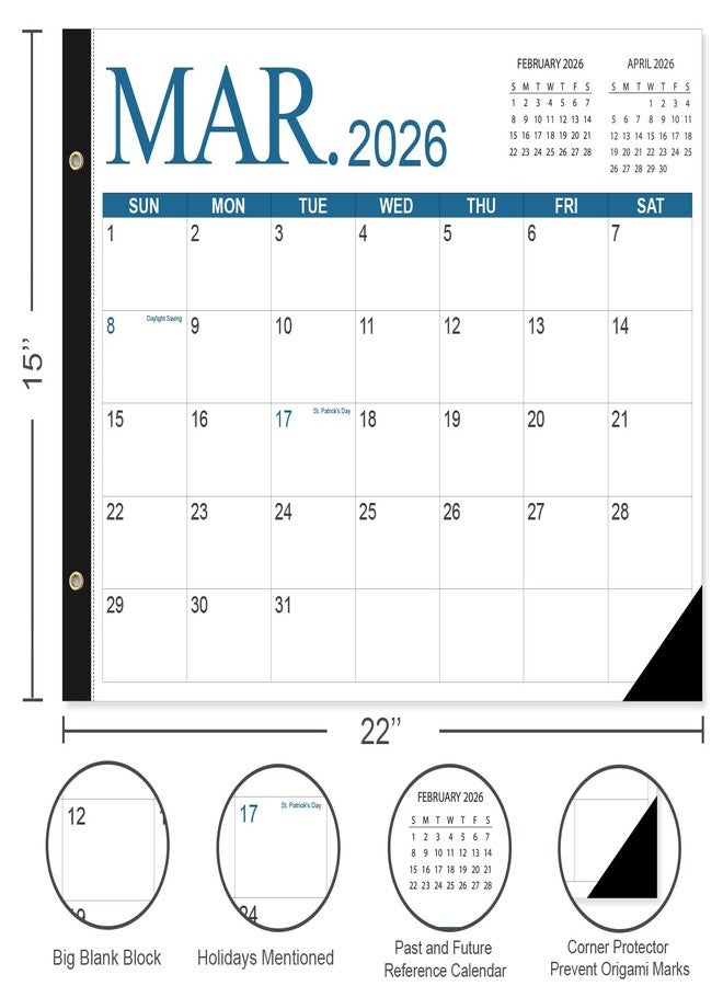 تقويم مكتبي 2026-2027 - تقويم مكتبي كبير جدًا بحجم 22 × 15 بوصة، من أبريل 2026 إلى يونيو 2027، مع علامات للعطلات، ورق فاخر للتنظيم، أربعة ألوان - Image 2