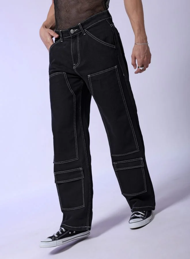 The Indian Garage Co Men Baggy Solid Mid-Rise Carpenter Utility Denim