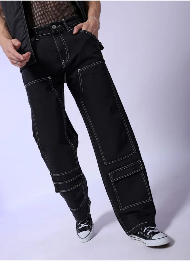 The Indian Garage Co Men Baggy Solid Mid-Rise Carpenter Utility Denim