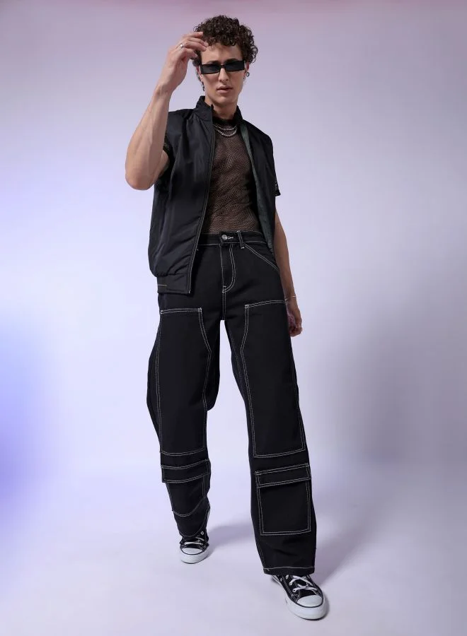 The Indian Garage Co Men Baggy Solid Mid-Rise Carpenter Utility Denim