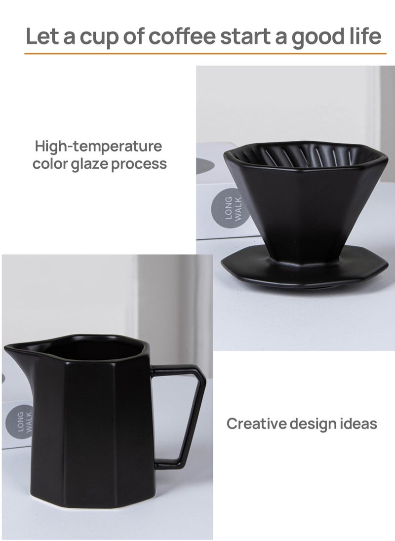 Brutelle - V60 Coffee Maker Pour-Over Coffee Set Ceramic Coffee Dripper Set Coffee Filter 2-in-1 Octagonal Share Pot with Funnel Suitable for Home and Office 400ml Black - Image 1