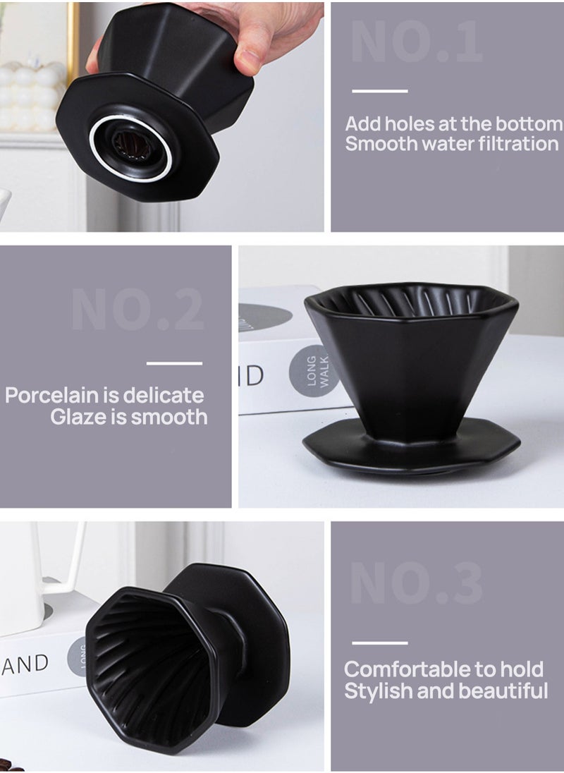 Brutelle - V60 Coffee Maker Pour-Over Coffee Set Ceramic Coffee Dripper Set Coffee Filter 2-in-1 Octagonal Share Pot with Funnel Suitable for Home and Office 400ml Black - Image 1