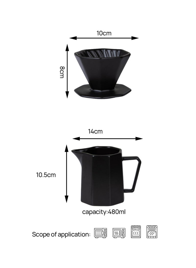 Brutelle - V60 Coffee Maker Pour-Over Coffee Set Ceramic Coffee Dripper Set Coffee Filter 2-in-1 Octagonal Share Pot with Funnel Suitable for Home and Office 400ml Black - Image 1