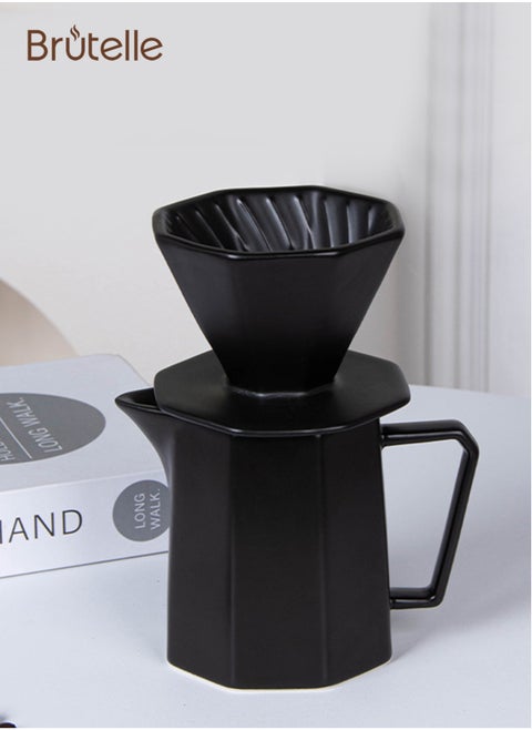 V60 Coffee Maker Pour-Over Coffee Set Ceramic Coffee Dripper Set Coffee Filter 2-in-1 Octagonal Share Pot with Funnel Suitable for Home and Office 400ml Black