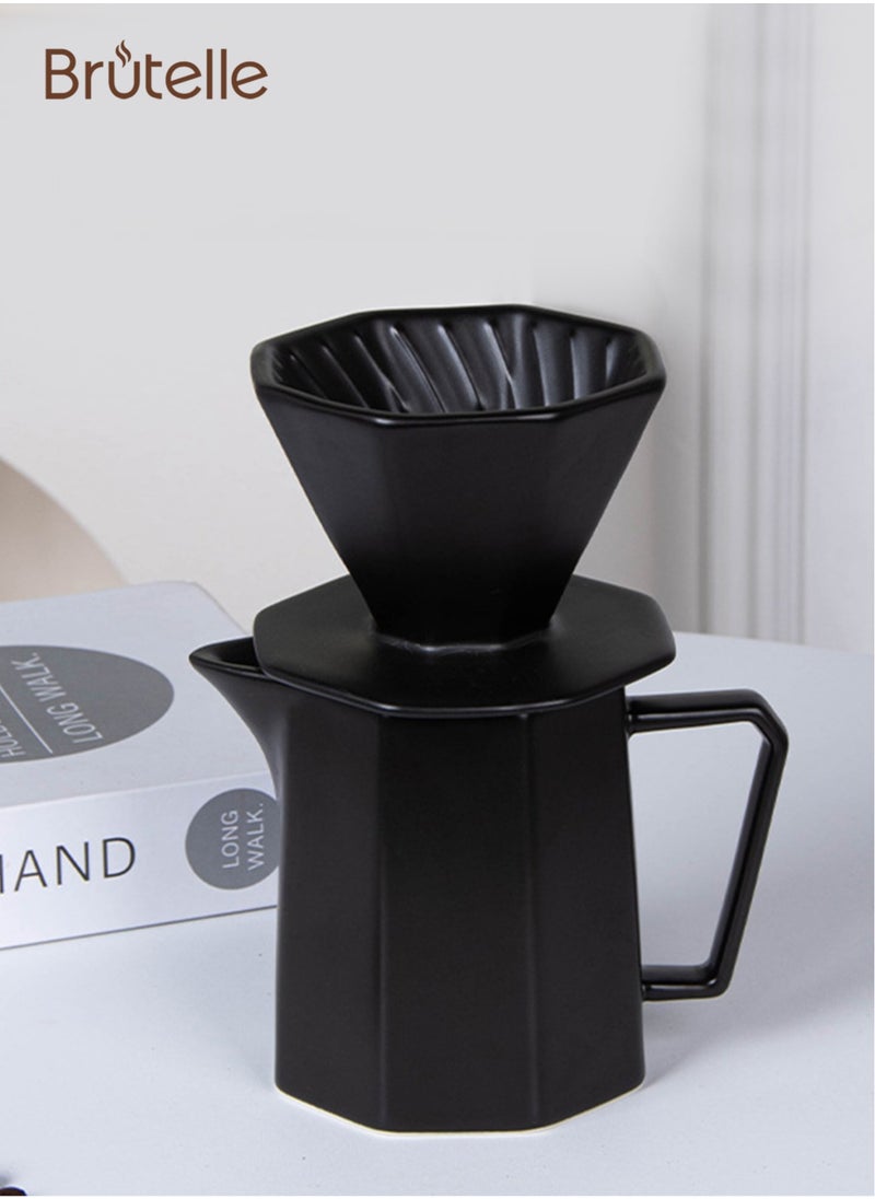 Brutelle - V60 Coffee Maker Pour-Over Coffee Set Ceramic Coffee Dripper Set Coffee Filter 2-in-1 Octagonal Share Pot with Funnel Suitable for Home and Office 400ml Black - Image 1