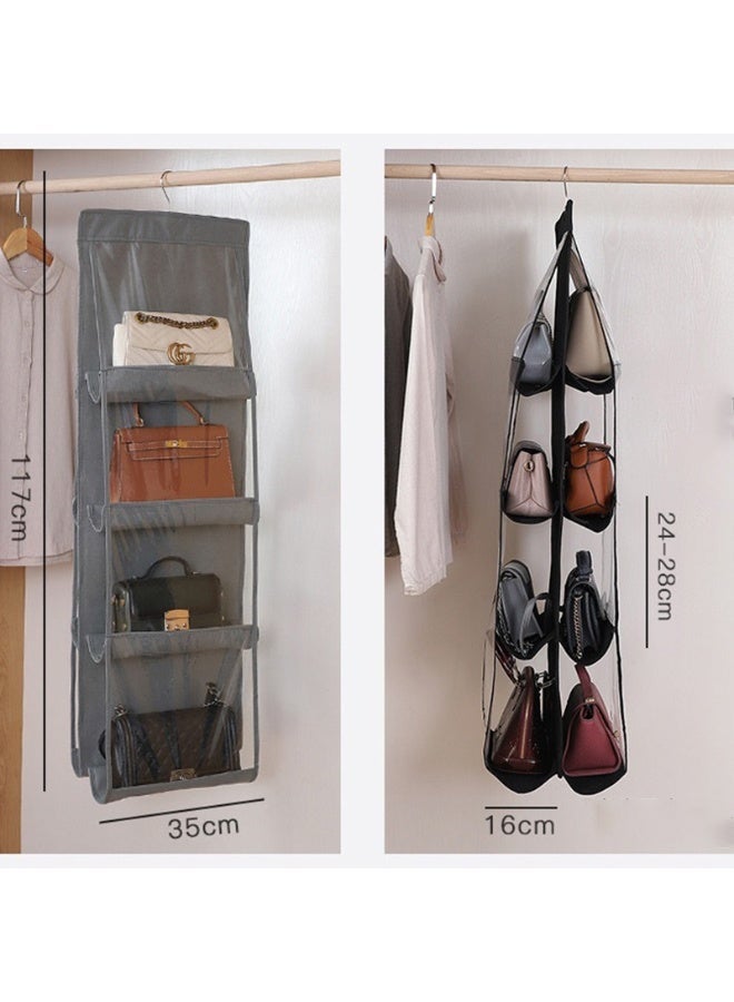 منظم حقيبة يد مع 8 جيوب، منظم تخزين قابل للطي من قماش أكسفورد مع خطاف معدني دوار 360 درجة لخزانة الملابس، غرفة النوم، وتخزين الأسرة (أسود) - Image 2