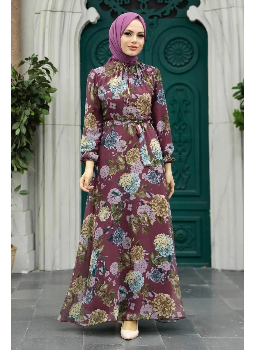 Neva Style - Flower Patterned Dark Rose Hijab Dress 279083KGK