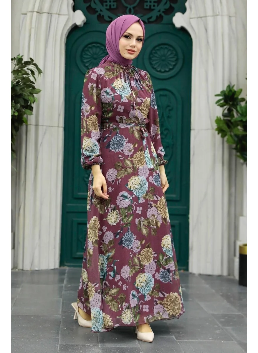 Neva Style - Flower Patterned Dark Rose Hijab Dress 279083KGK