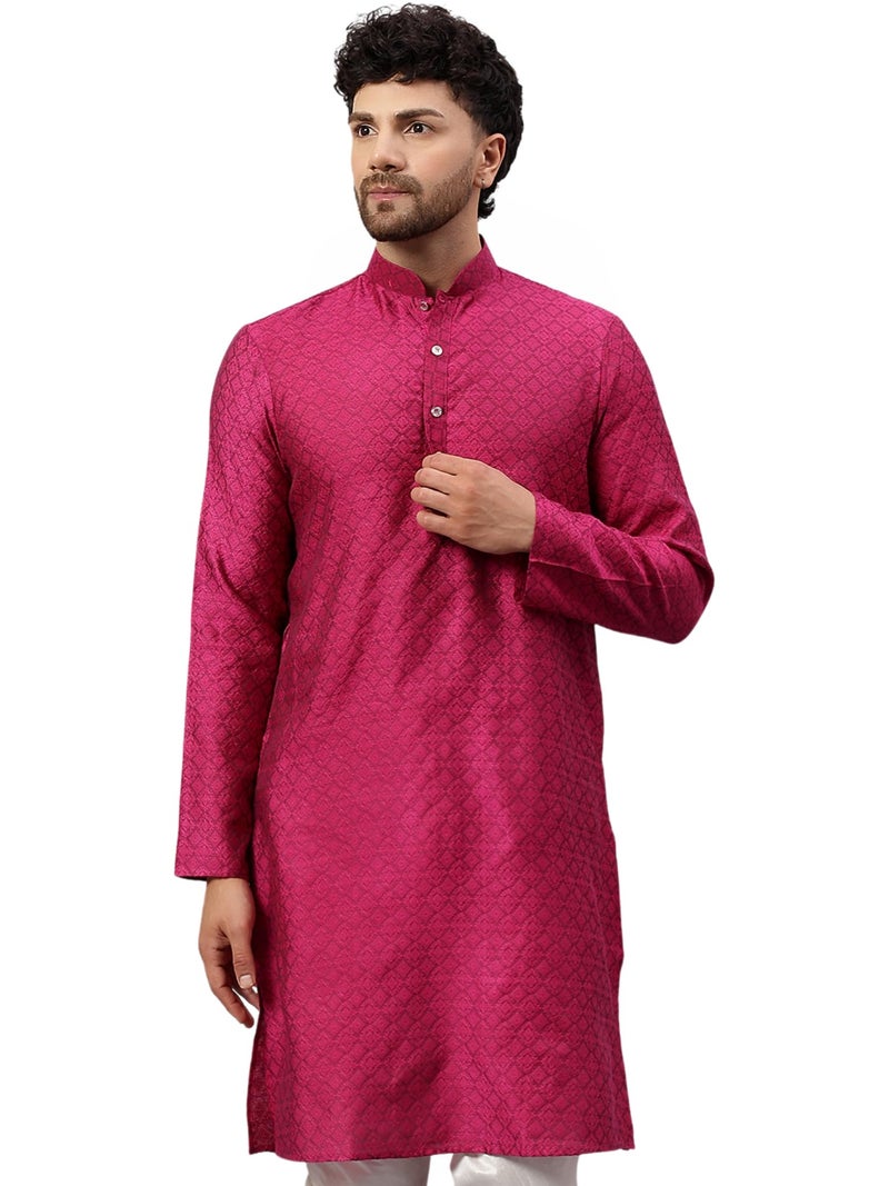 LATEST CHIKAN Men's Cotton Silk Kurta with Mandarin Collar – Ethnic Wear for Festivals, Weddings & Celebrations -LK-SCNJ-DP-40 Dark Pink - Image 1