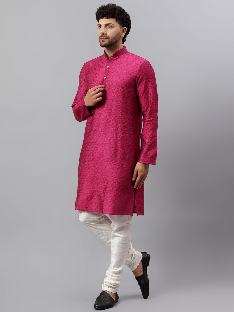 LATEST CHIKAN Men's Cotton Silk Kurta with Mandarin Collar – Ethnic Wear for Festivals, Weddings & Celebrations -LK-SCNJ-DP-40 Dark Pink - Image 3