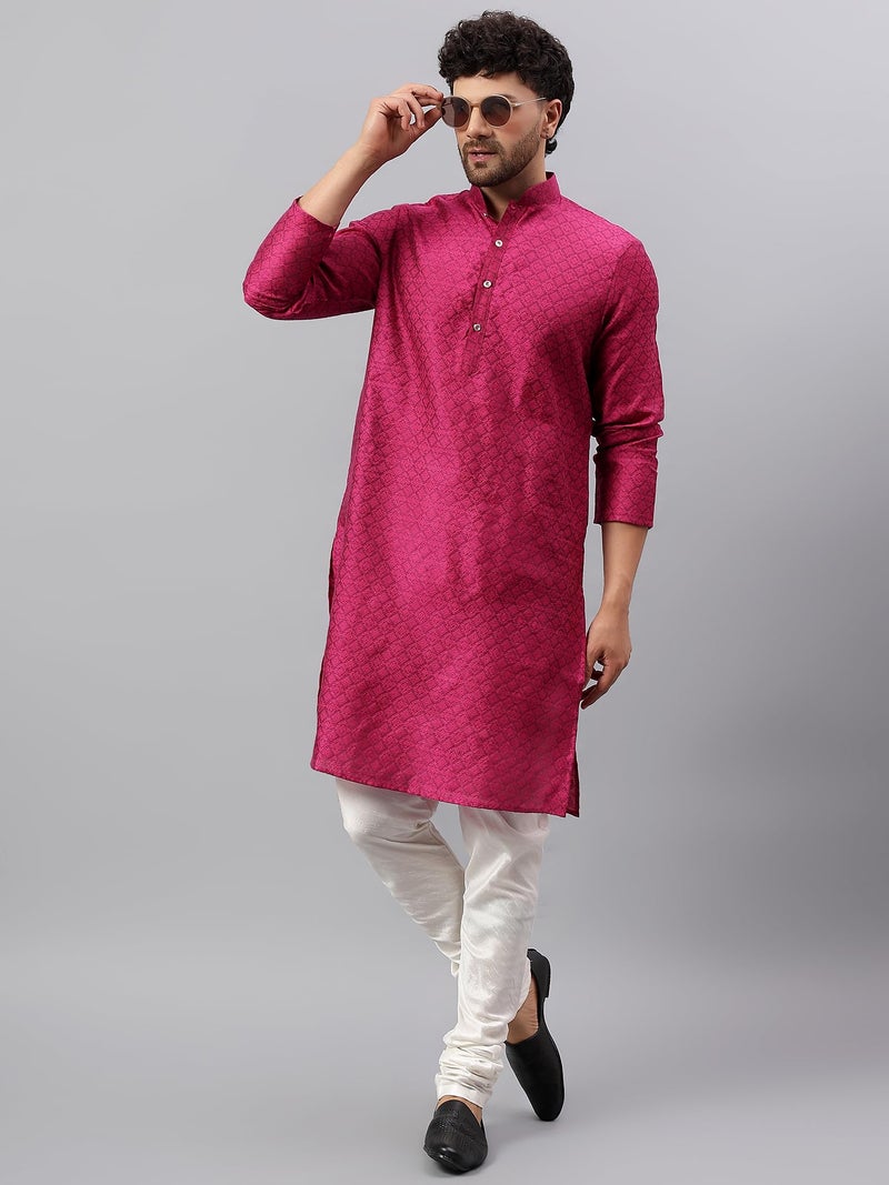 LATEST CHIKAN Men's Cotton Silk Kurta with Mandarin Collar – Ethnic Wear for Festivals, Weddings & Celebrations -LK-SCNJ-DP-40 Dark Pink - Image 2