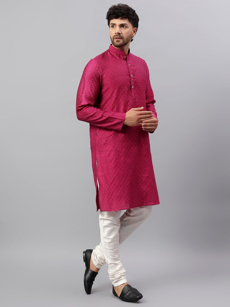 LATEST CHIKAN Men's Cotton Silk Kurta with Mandarin Collar – Ethnic Wear for Festivals, Weddings & Celebrations -LK-SCNJ-DP-40 Dark Pink - Image 4