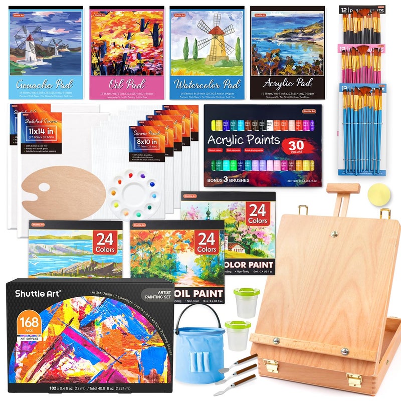 Shuttle Art 168 Pcs Artist Painting Kit, Deluxe Art Kit with Paint, Wooden Easel, Canvases, Paper Pads, Brushes and Other Art Supplies for Adults, Kids and Artists - Image 1