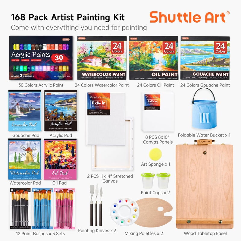 Shuttle Art 168 Pcs Artist Painting Kit, Deluxe Art Kit with Paint, Wooden Easel, Canvases, Paper Pads, Brushes and Other Art Supplies for Adults, Kids and Artists - Image 2