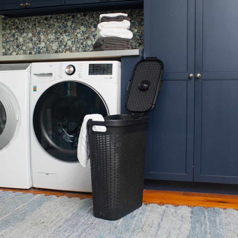 Mind Reader Slim Laundry Hamper with Lid, 40L Clothes Basket, Premium Wicker Design, Plastic, Black - Image 2