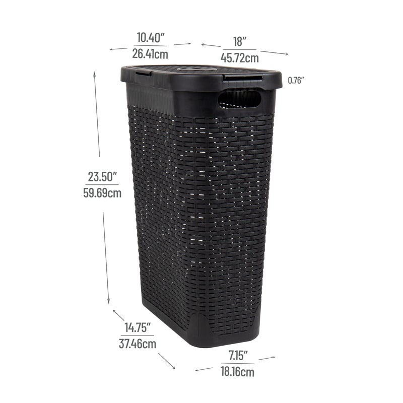 Mind Reader Slim Laundry Hamper with Lid, 40L Clothes Basket, Premium Wicker Design, Plastic, Black - Image 3