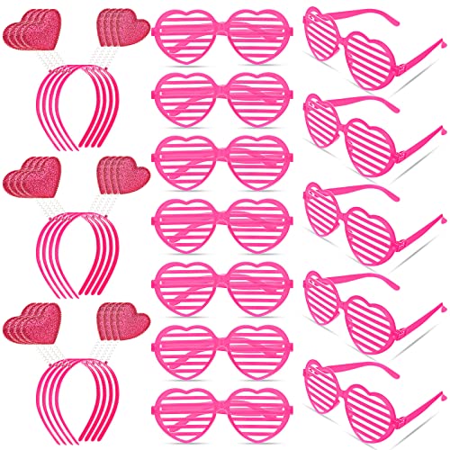 MTLEE 24 Pcs Valentines Heart Head Boppers Headbands and Heart Shape Sunglasses Valentines Party Supplies Wedding Photo Prop Hollow Rose Red - Image 1