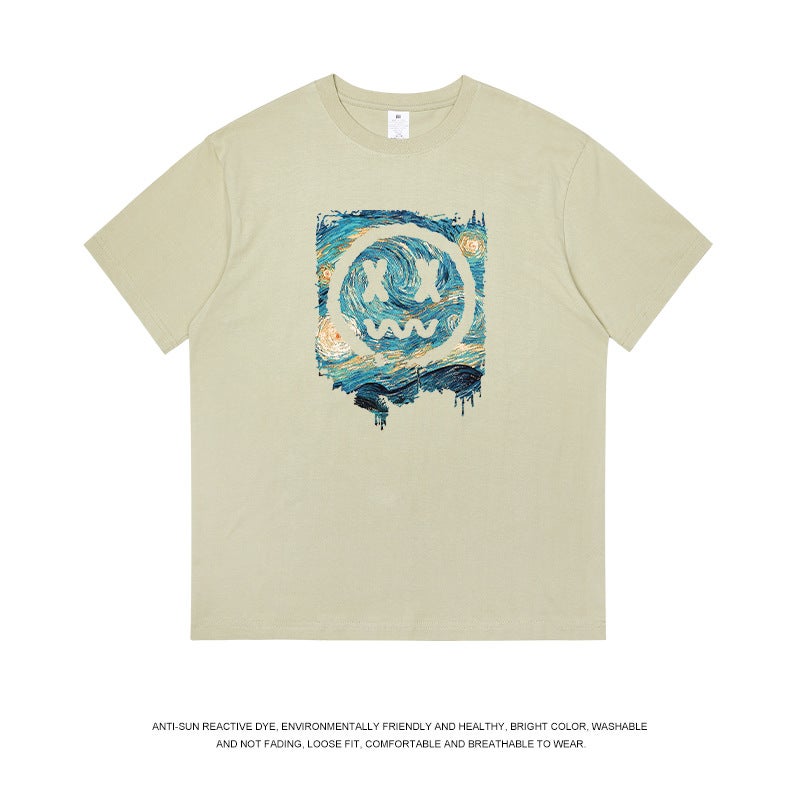 220G Heavyweight American-Style Pure Cotton Short-Sleeve T-Shirt For Men, Niche Design With Printed Patterns, Summer Trendy Brand Couple Wear, Artistic - Image 4